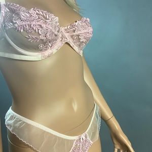 Pink bra and thong set 36 C underwire sheer cup with embroidery x small thoong